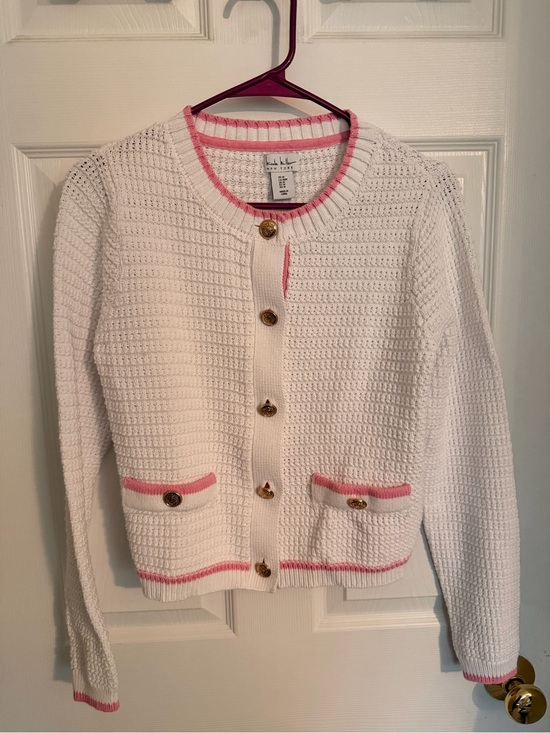 Nicole Miller Sweaters - Nicole Miller White Knit Cardigan with Pink Trim and Gold Buttons